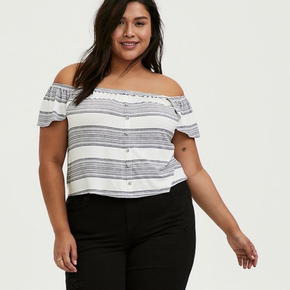 Torrid Plus Size Super Soft Knits Multi Stripe Off Shoulder Crop Top - Picture 1 of 4